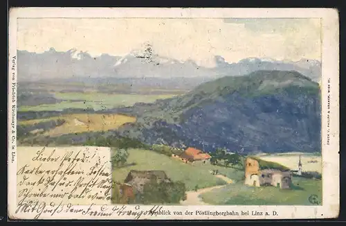 Künstler-AK Philipp + Kramer Nr.: Linz a. D., Ausblick von der Pöstlingbergbahn