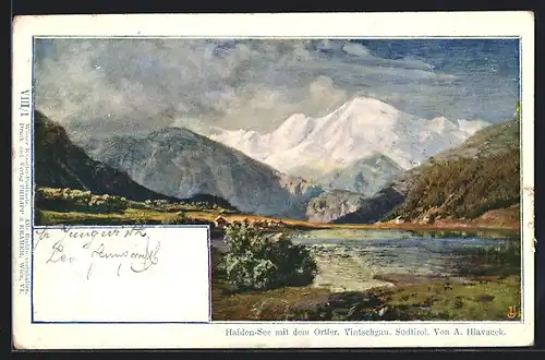 Künstler-AK Philipp + Kramer Nr. VIII /1: Haiden-See, Seeblick mit dem Ortler