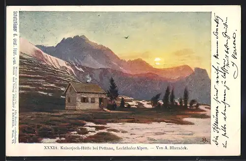 Künstler-AK Anton Hlavacek: Kaiserjoch-Hütte bei Pettnau, Lechthaler Alpen