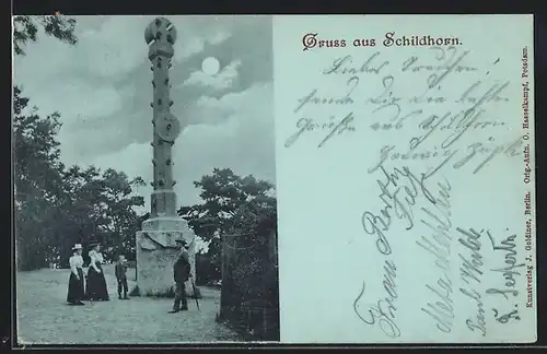 Mondschein-AK Berlin-Grunewald, Schildhorn, Jaczo-Denkmal