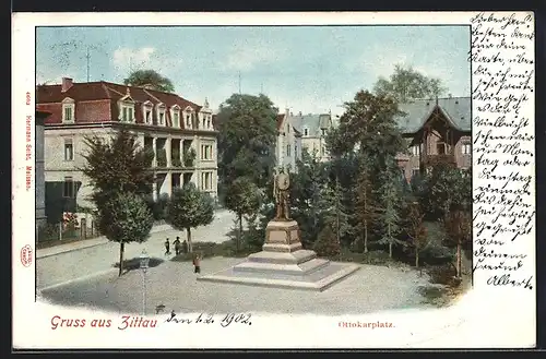 AK Zittau, Ottokarplatz mit Denkmal an der Dornspachstrasse