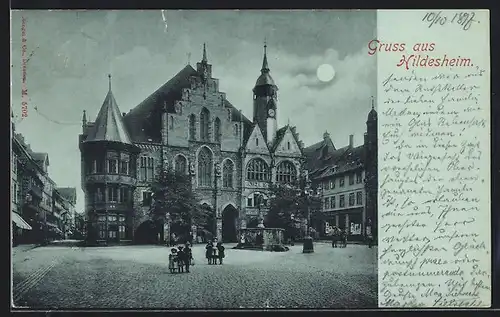 Mondschein-AK Hildesheim, Blick zum Rathaus