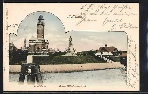 AK Holtenau, Blick auf den leuchtturm und das Kaiser Wilhelm Denkmal