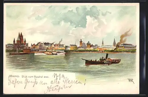 Lithographie Mainz, Teilansicht vom Kastel aus, Fluss mit Dampfern