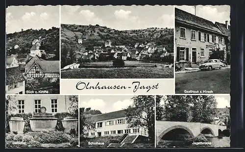 AK Olnhausen, Ortsansicht, Gasthaus zum Hirsch, Kirche, Denkmal, Schulhaus