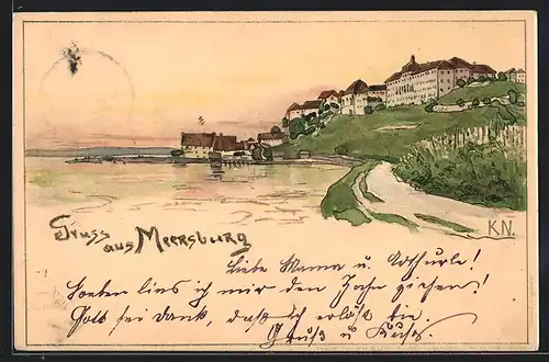 Künstler-AK Meersburg, Ortsansicht vom Wasser aus