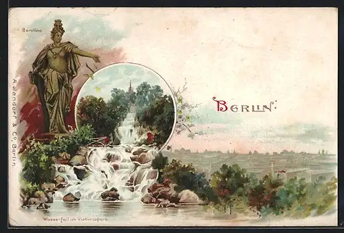 Lithographie Berlin-Kreuzberg, Wasserfall im Victoriapark
