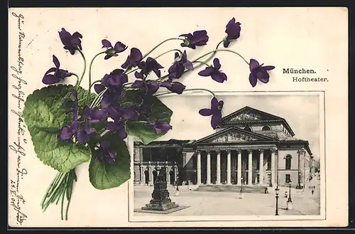 AK München, Hoftheater mit lilafarbenen Blüten verziert