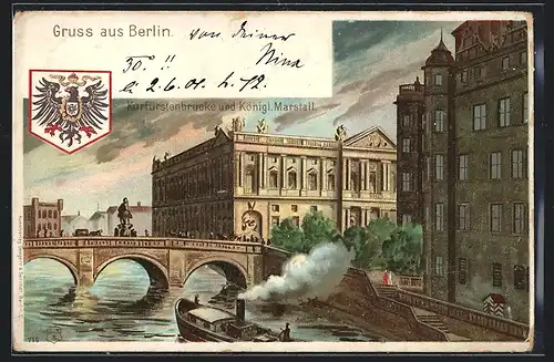 Lithographie Berlin, Kurfürstenbrücke und Marstall, Wappen