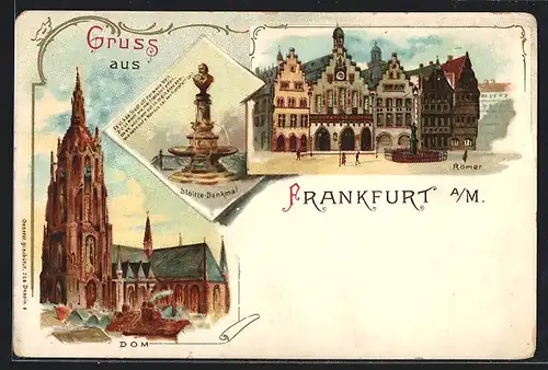 Lithographie Alt-Frankfurt, Dom mit Stoltze-Denkmal und Römer