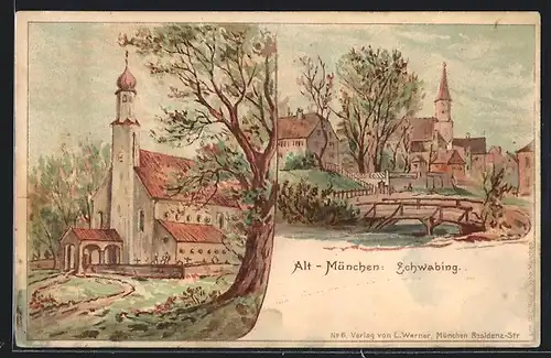 Lithographie München-Schwabing, Kirche, Ortspartie mit Brücke