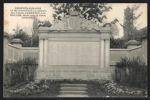 AK Asnières-sur-Oise, Le Monument èlevè à la mèmoire des Enfants