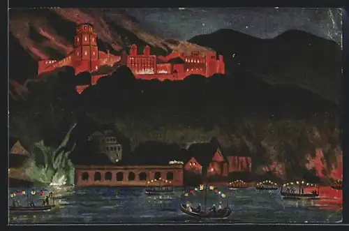 Künstler-AK Heidelberg, Blick hinauf zum beleuchteten Schloss