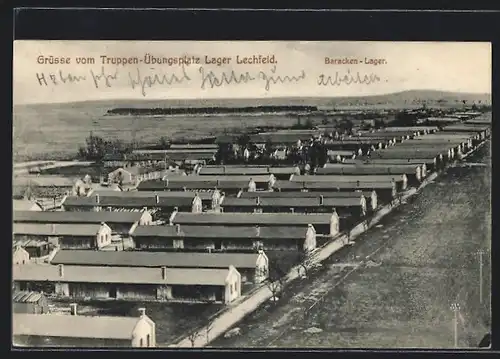 AK Lager Lechfeld, Ansicht des Truppenübungsplatz mit Baracken aus der Vogelschau