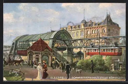 Künstler-AK Elberfeld, An der Schwebebahn-Haltestelle Döppersberg