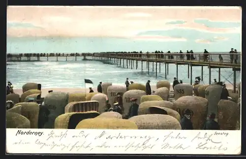 AK Norderney, Besucher an den Strandkörben neben der Seebrücke
