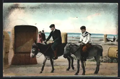 Künstler-AK Norderney, Jungen beim Eselreiten