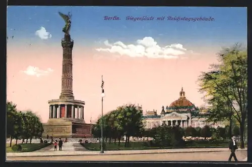 AK Berlin-Tiergarten, Siegessäule mit dem Reichstagsgebäude