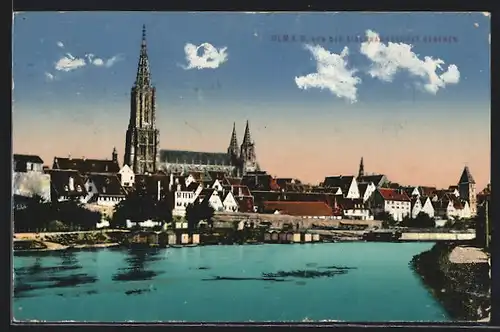 AK Ulm a. D., Stadtansicht mit münster von der Eisenbahnbrücke aus