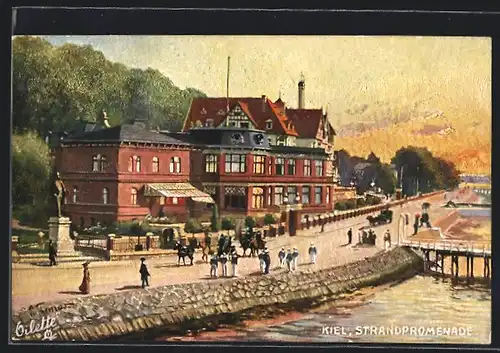 Künstler-AK Kiel, Besucher auf der Strandpromenade