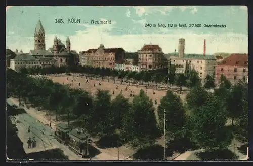 AK Köln, der Neumarkt mit Kirche und STrassenbahn