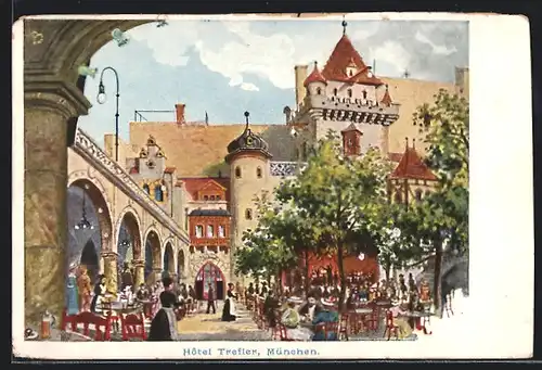 Lithographie München, Hotel Trefler, Sonnenstrasse 21, Bewirtung im Hof