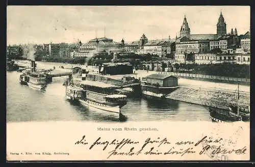 AK Mainz am Rhein, Schiffsanleger am Rheinufer mit Stadtpanorama