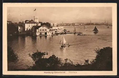 AK Hamburg-Uhlenhorst, Segelschiffe am Fährhaus mit Stadtblick