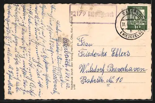 AK Kehdingbruch, Kirche, Goebenhof, Partie an der Schule, Geschäftshaus Rob. Postel, Kriegerehrenmal