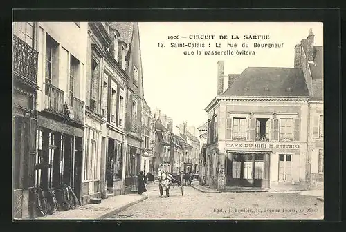 AK Saint-Calais, La Rue du Bourgneuf, Cafe du Midi