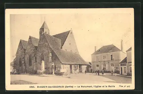 AK Saint-Aubin-des-Coudrais, Le Monument, l`Eglise et la Mairie