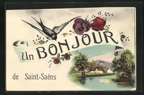 AK Saint-Saens, Un Bonjour - Grusskarte, Schwalbe und Gewässer