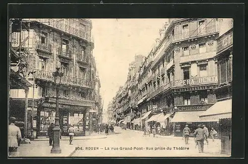 AK Rouen, la rue Grand-Pnt, vue prise du Theatre