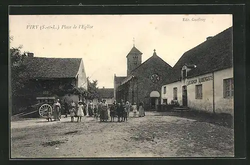 AK Viry, Place de l`Eglise, Zentraler Platz mit Kirche