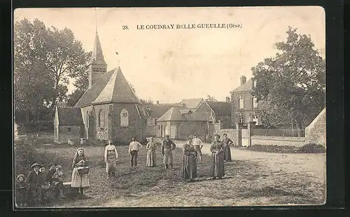 AK Le Coudray-Belle-Gueulle, Ortspartie mit Kirche und Passanten