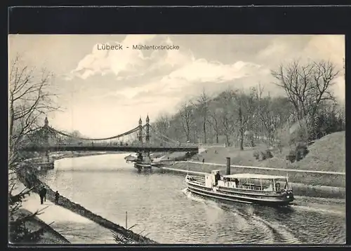 AK Lübeck, Mühlentorbrücke mit Dampfer