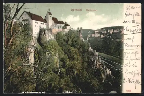 AK Beuron, Werenwag, die Burg auf dem Felsen, Blick ins Tal