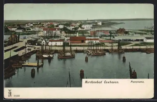AK Nordseebad Cuxhaven, Panorama der Stadt mit dem Hafen im Vordergrund