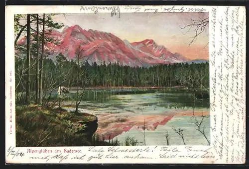 Künstler-AK Grainau, Alpenglühen am Badersee