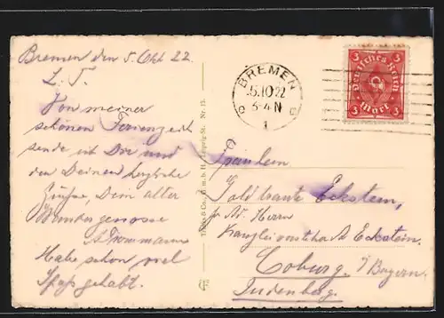 AK Bremen, Säulengang am Rathaus mit dem Roland