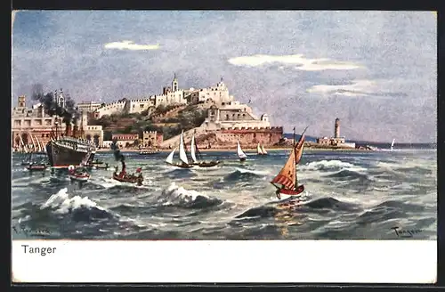 Künstler-AK Friedrich Perlberg: Tanger, Panorama mit Dampfer und Segelbooten
