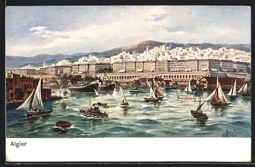 Künstler-AK Friedrich Perlberg: Algier, Gesamtansicht, Hafen, Segelschiffe
