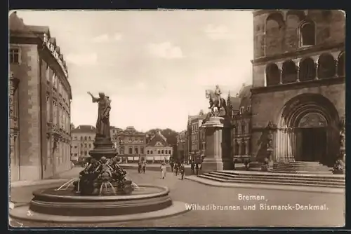 AK Bremen, Wilhadibrunnen und Bismarck-Denkmal