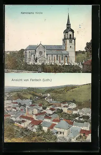 Lithographie Fentsch /Loth., Teilansicht, Katholische Kirche