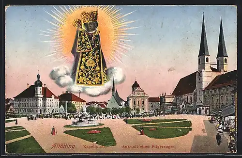AK Altötting, Ankunft eines Pilgerzuges am Kapellplatz mit Kirche, Gnadenbild