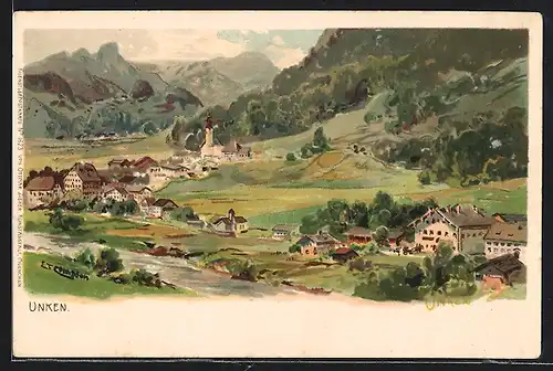 Künstler-AK Edward Theodore Compton: Unken, Panoramablick auf Dorf und Gebirge
