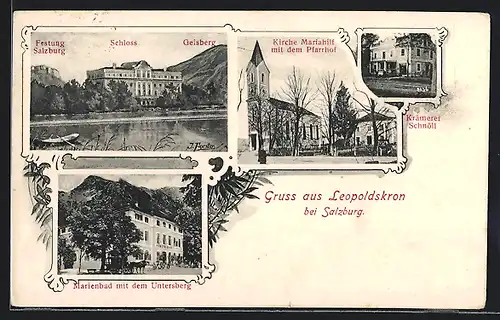 AK Leopoldskron, Krämerei Schnöll, Marienbad mit Untersberg, Schloss, Kirche Mariahilf mit Pfarrhof