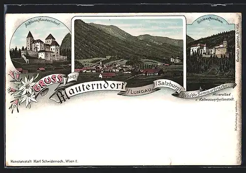 Lithographie Mauterndorf i. Lungau, Schlösser Moosham und Mauterndorf, Gesamtansicht