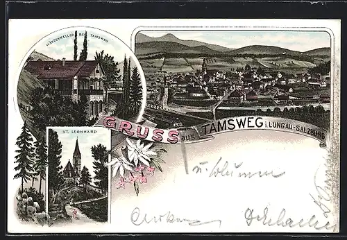 Lithographie Tamsweg, Gasthaus Märzenkeller, St. Leonhard, Panorama