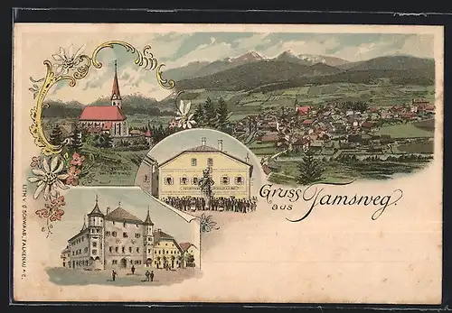 Lithographie Tamsweg, Gasthaus und Fleischhauerei, Kirche St. Leonhard